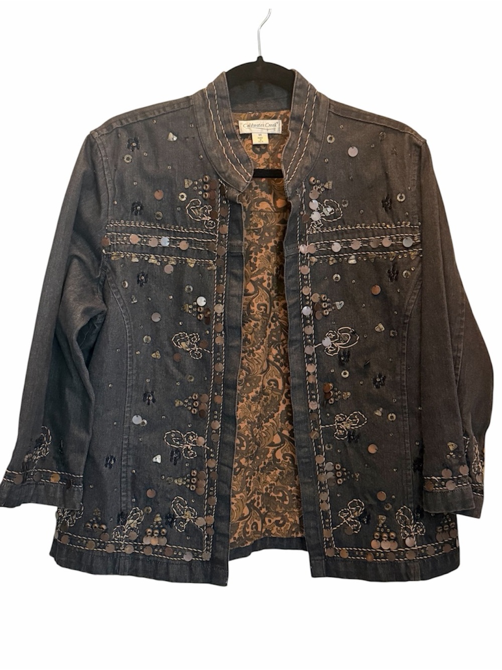 Coldwater Creek Beaded Sequin Denim Jacket Boho Artsy NWOT 100% Cotton Medium